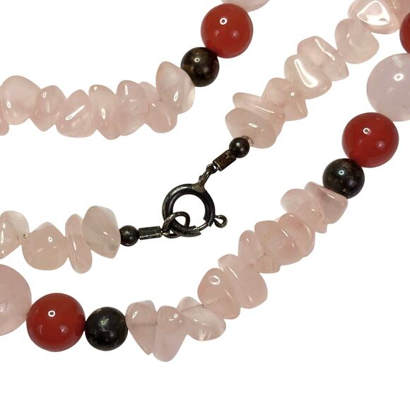Vintage Rose Quartz Carnelian Beaded Necklace with Sterling Clasp 1980s 1990s - Picture 13 of 13